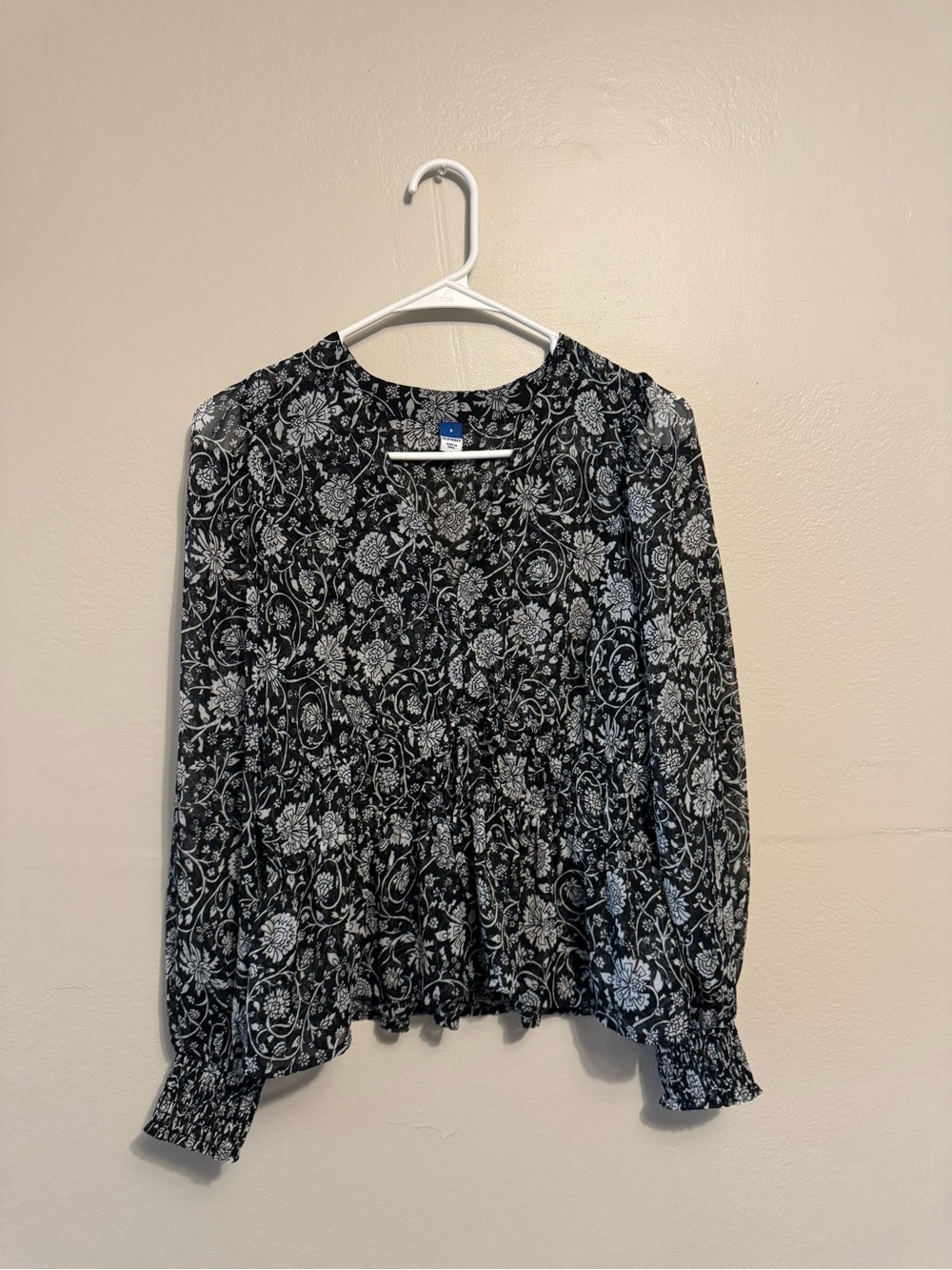 Old Navy Black and White Floral Peplum Blouse